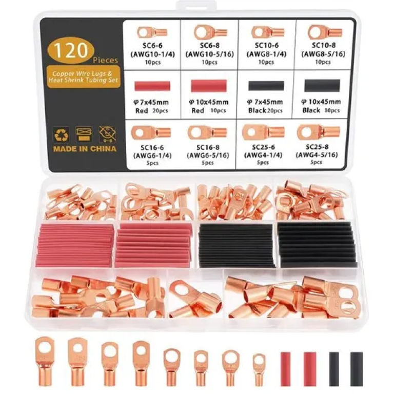 Features: - Color: Copper - Material: Tin Plated Copper - Ring terminals are made of 100% annealed electrolytic grade copper for maximum conductivity, with tinned surface for corrosion protection. - Closed end design seals out moisture so cables stay dry and corrosion free - Wire & Stud Sizes Stamped on the Pad - Widely used in household appliances, automobiles, electrical industry, mechanical equipment, power distribution cabinets, etc Package Include: SC6-6: 10 PCS SC6-8: 10 PCS SC10-6: 10 PCS SC10-8: 10 PCS SC16-6: 5 PCS SC16-8: 5 PCS SC25-6: 5 PCS SC25-8: 5 PCS Red Heat Shrink Tubing f7mm*45mm 20PCS Black Heat Shrink Tubing f7mm*45mm 20PCS Red Heat Shrink Tubing f10mm*45mm 10PCS Black Heat Shrink Tubing f10mm*45mm 10PCS