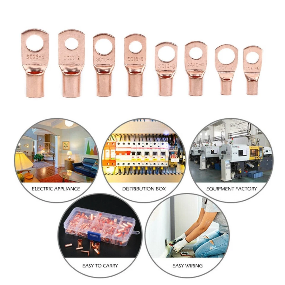 Features: - Color: Copper - Material: Tin Plated Copper - Ring terminals are made of 100% annealed electrolytic grade copper for maximum conductivity, with tinned surface for corrosion protection. - Closed end design seals out moisture so cables stay dry and corrosion free - Wire & Stud Sizes Stamped on the Pad - Widely used in household appliances, automobiles, electrical industry, mechanical equipment, power distribution cabinets, etc Package Include: SC6-6: 10 PCS SC6-8: 10 PCS SC10-6: 10 PCS SC10-8: 10 PCS SC16-6: 5 PCS SC16-8: 5 PCS SC25-6: 5 PCS SC25-8: 5 PCS Red Heat Shrink Tubing f7mm*45mm 20PCS Black Heat Shrink Tubing f7mm*45mm 20PCS Red Heat Shrink Tubing f10mm*45mm 10PCS Black Heat Shrink Tubing f10mm*45mm 10PCS