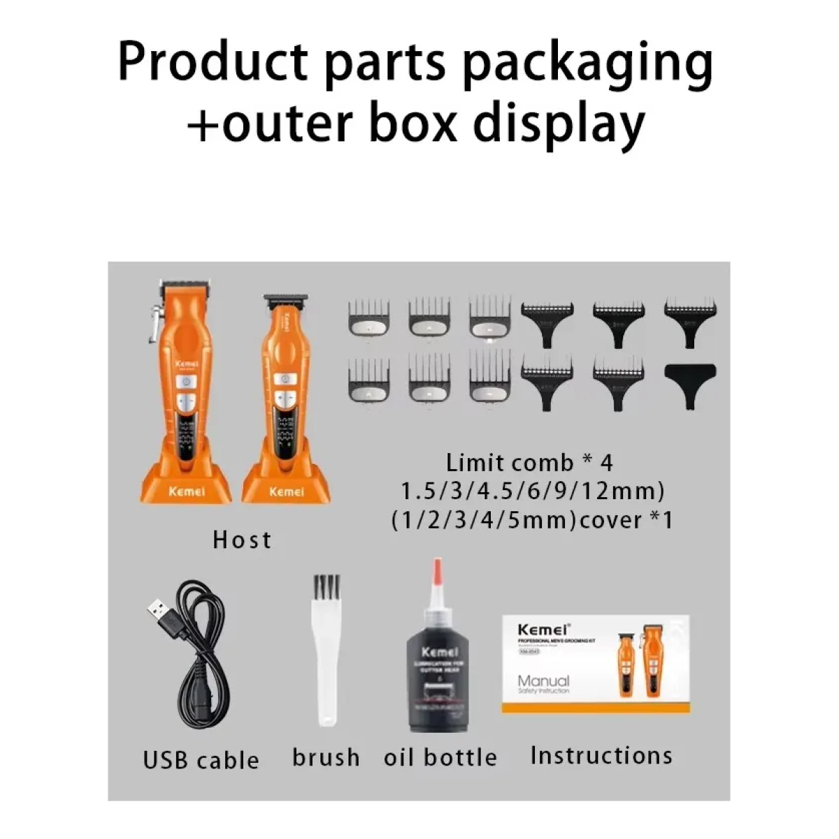 Σετ 2 επαγγελματικών κουρευτικών μηχανών Kemei KM-8543 πορτοκαλί - Image 5