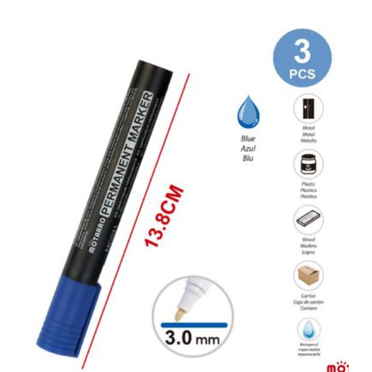 Σετ Μαρκαδόροι Permanent Μπλε 3 Τεμαχίων Motarro MC031-8