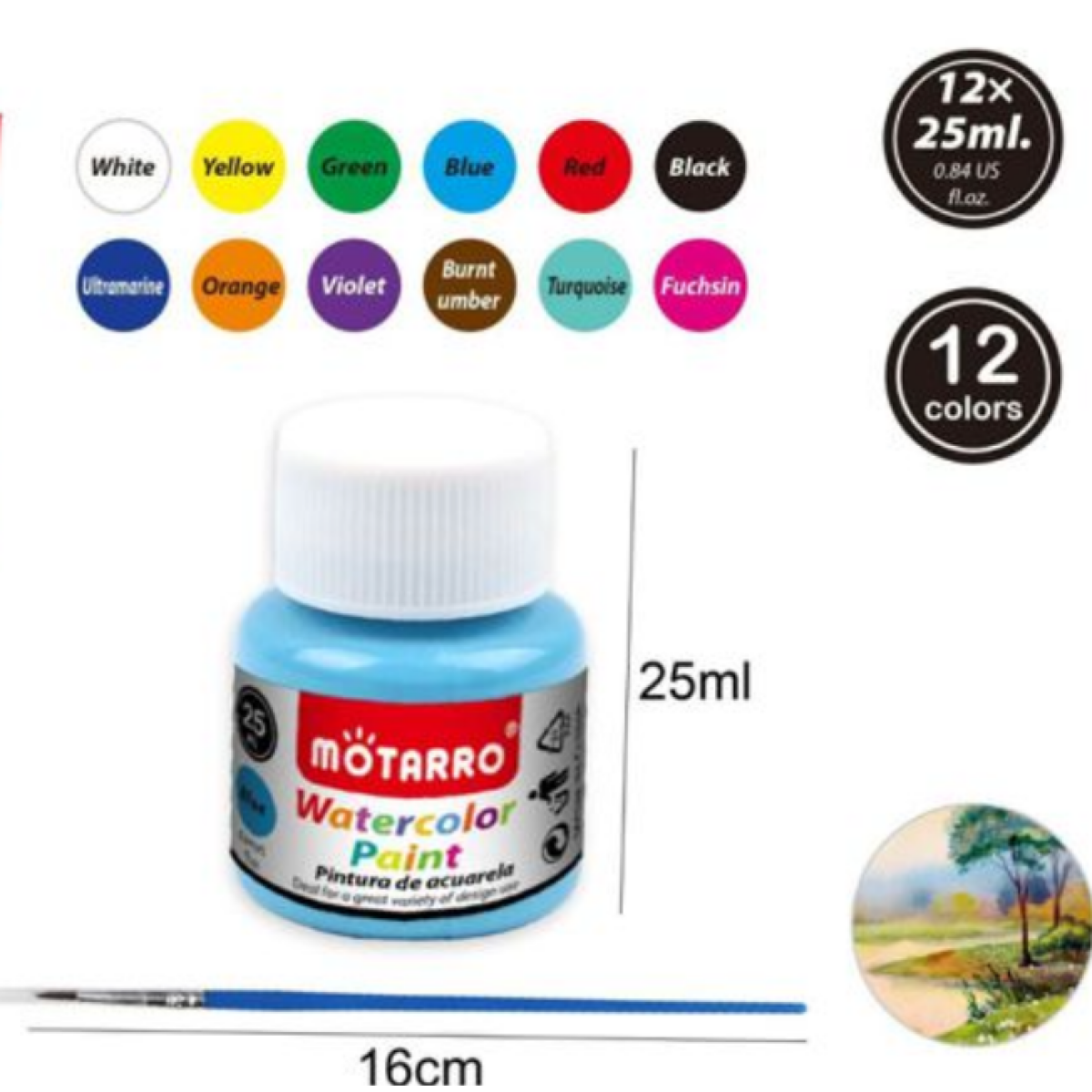 Σετ Νερομπογιές 12 Χρωμάτων 25ml Motarro MP176-1