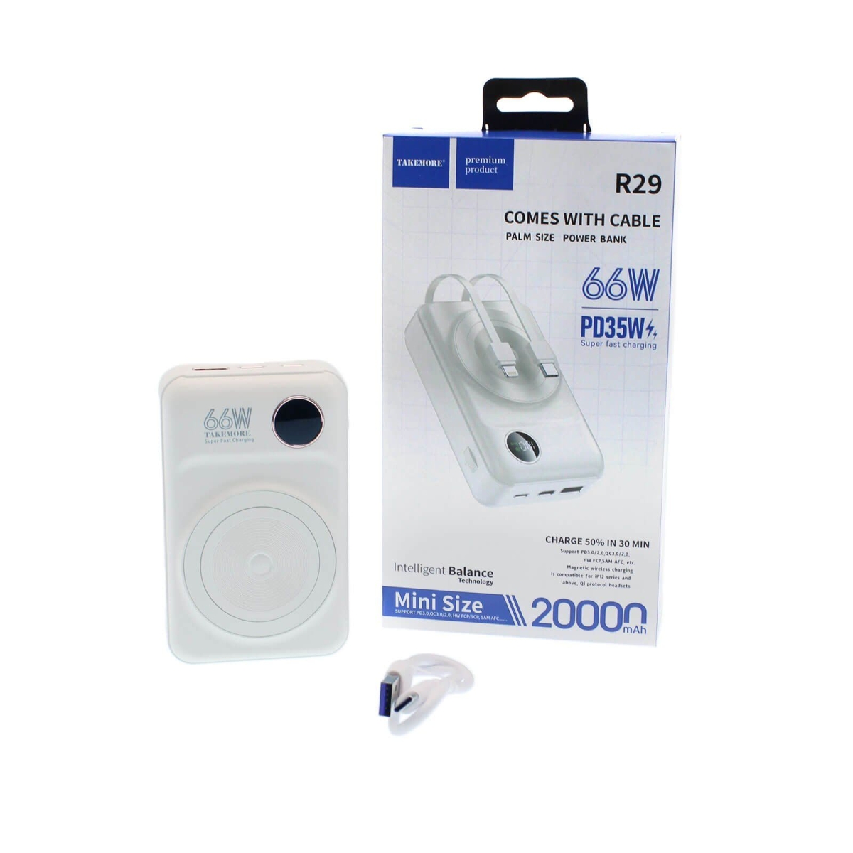 Power Bank TAKEMORE R29 20000mAh 66W – USB-A & USB-C, Ασύρματη Μαγνητική Φόρτιση - Λευκό