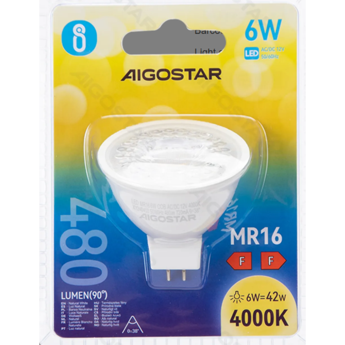 Λαμπτήρας LED A5 MR16 6W Cob Aigostar – Φυσικό Λευκό 4000K, 480lm