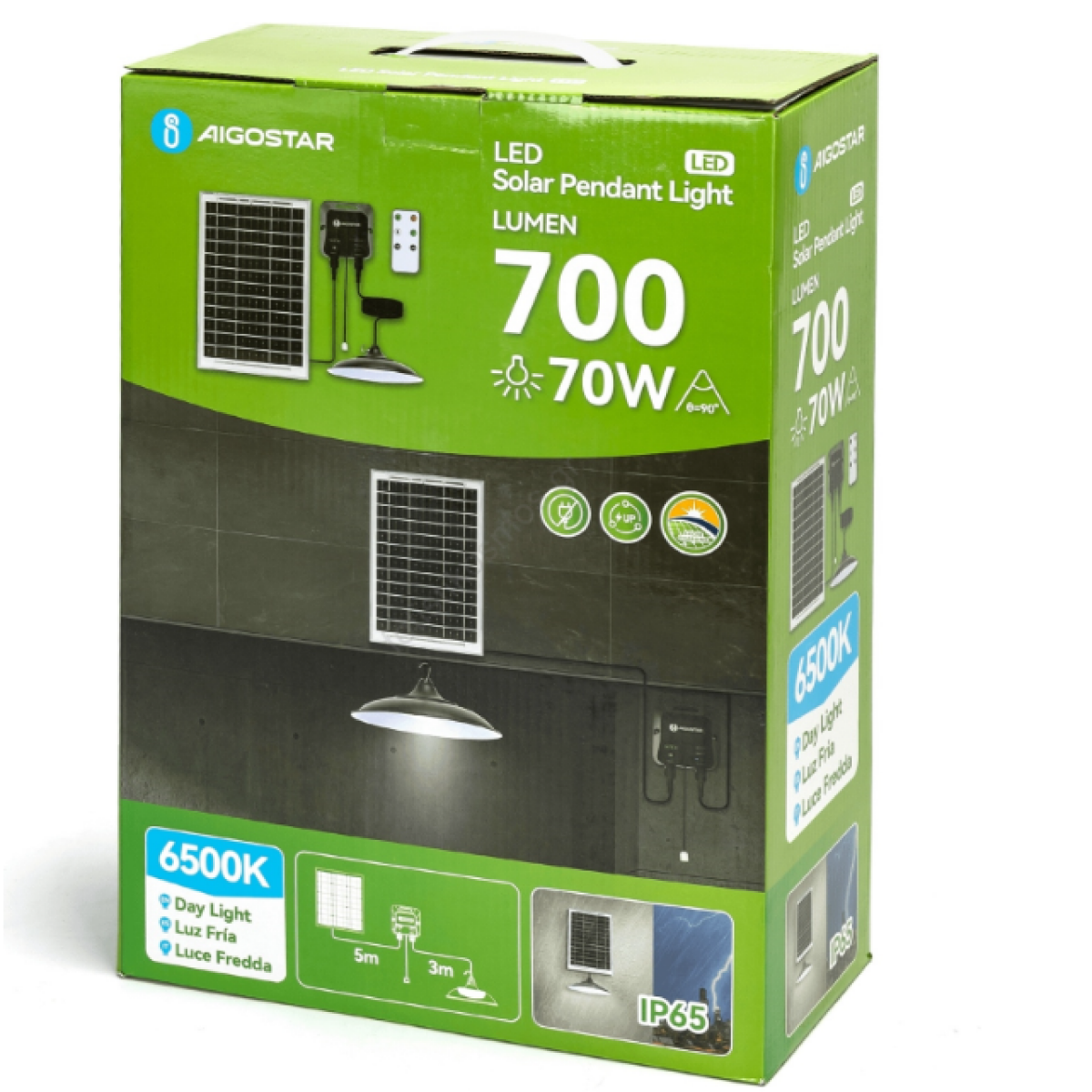 Aigostar Ηλιακό Κρεμαστό Φωτιστικό LED 70W 12V 6000mAh με Τηλεχειριστήριο – 6500K, Διάμετρος 23,5cm, IP65
