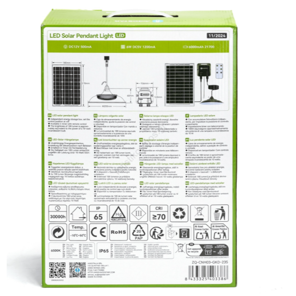 Aigostar Ηλιακό Κρεμαστό Φωτιστικό LED 70W 12V 6000mAh με Τηλεχειριστήριο – 6500K, Διάμετρος 23,5cm, IP65