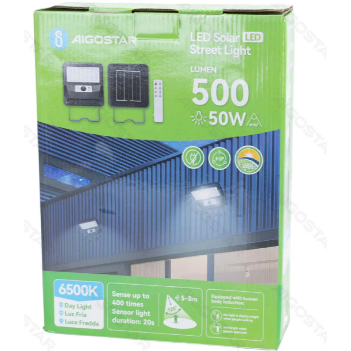 Aigostar Ηλιακός Προβολέας Δρόμου LED 50W με Αισθητήρα Κίνησης – 6500K, 500lm, IP65, 4000mAh