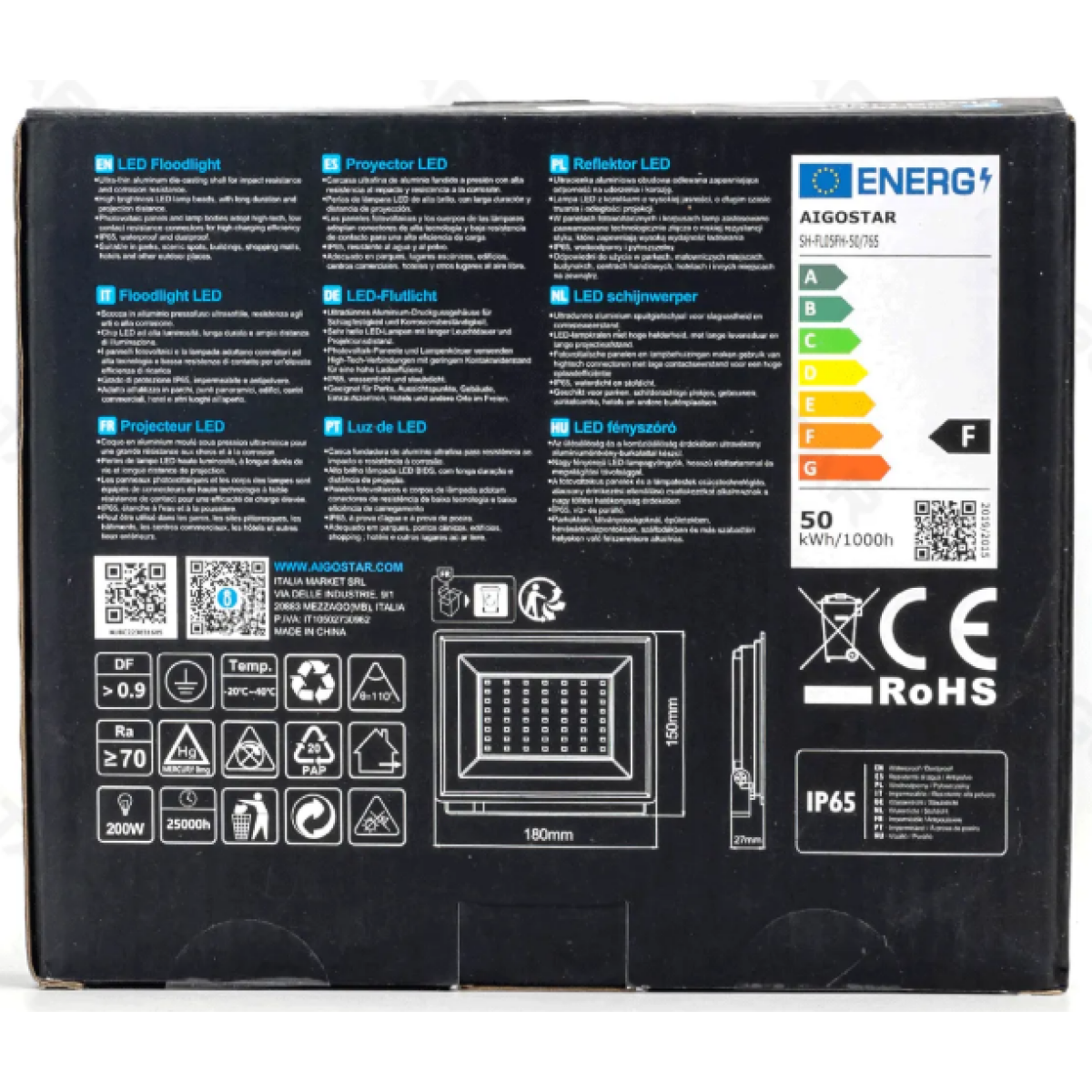 Aigostar LED Προβολέας 50W – 4300lm, 6500K, IP65, Αδιάβροχος Εξωτερικού & Εσωτερικού Χώρου