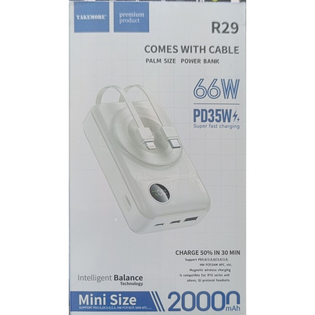 Power Bank TAKEMORE R29 20000mAh 66W – USB-A & USB-C, Ασύρματη Μαγνητική Φόρτιση - Λευκό