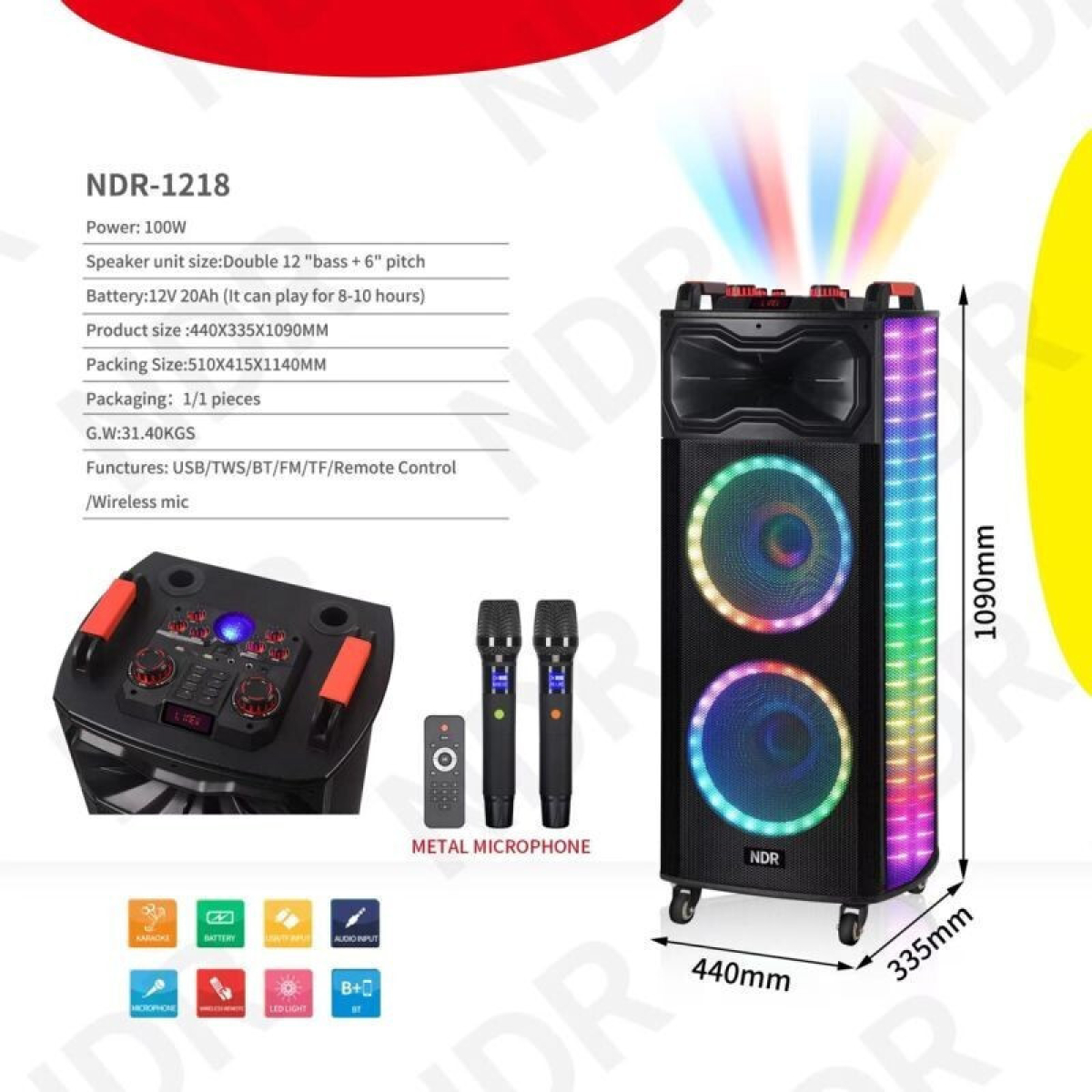NDR-1218 Φορητό Ηχείο Bluetooth 2x12" 100W με RGB LED, 2 Μικρόφωνα & Τηλεχειριστήριο