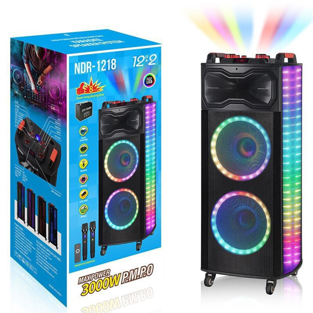 NDR-1218 Φορητό Ηχείο Bluetooth 2x12" 100W με RGB LED, 2 Μικρόφωνα & Τηλεχειριστήριο