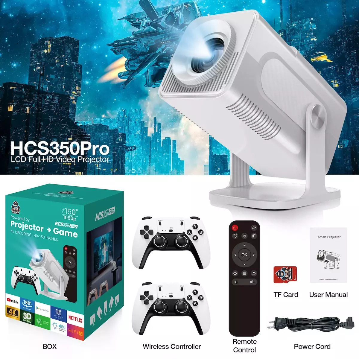 Φορητός Προτζέκτορας HCS350 Pro 64GB 4K Android 12 με Wi-Fi 6, Remote & 2 Gamepads