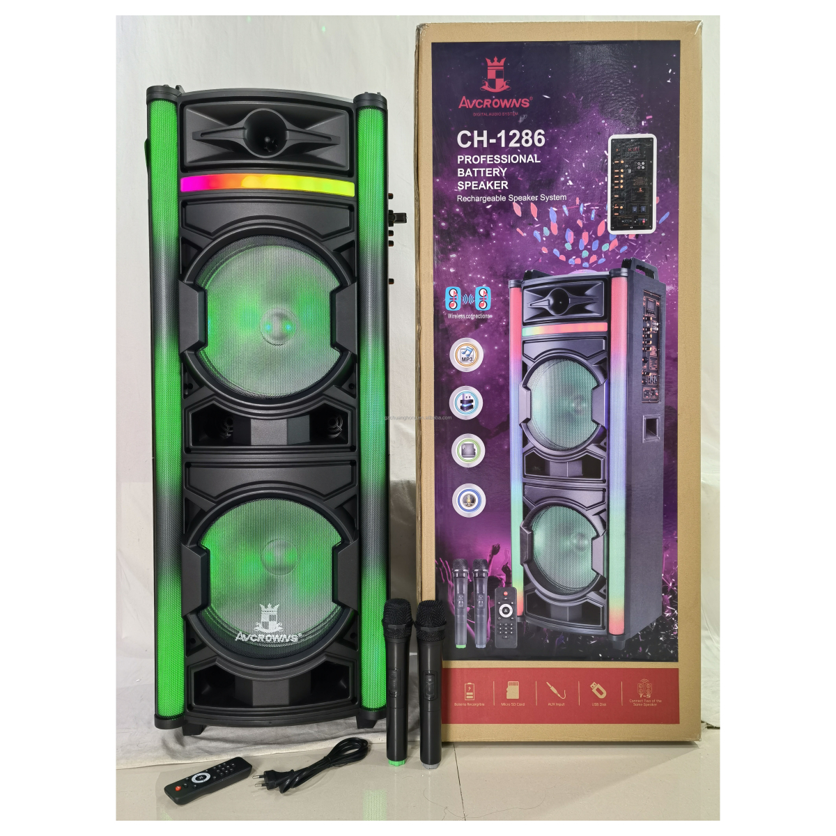 AVCROWNS CH-1286 Karaoke Ηχείο 2x12" 20000W Επαναφορτιζόμενο με 2 Ενσύρματα Μικρόφωνα & Τηλεχειριστήριο – Μαύρο