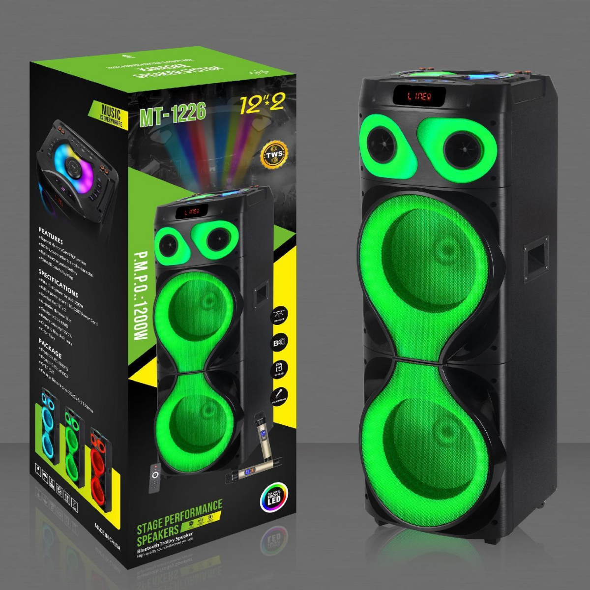Φορητό Ηχείο Karaoke Bluetooth Party Box MT-1226 2x12" 80W με 2 Μικρόφωνα & Τηλεχειριστήριο