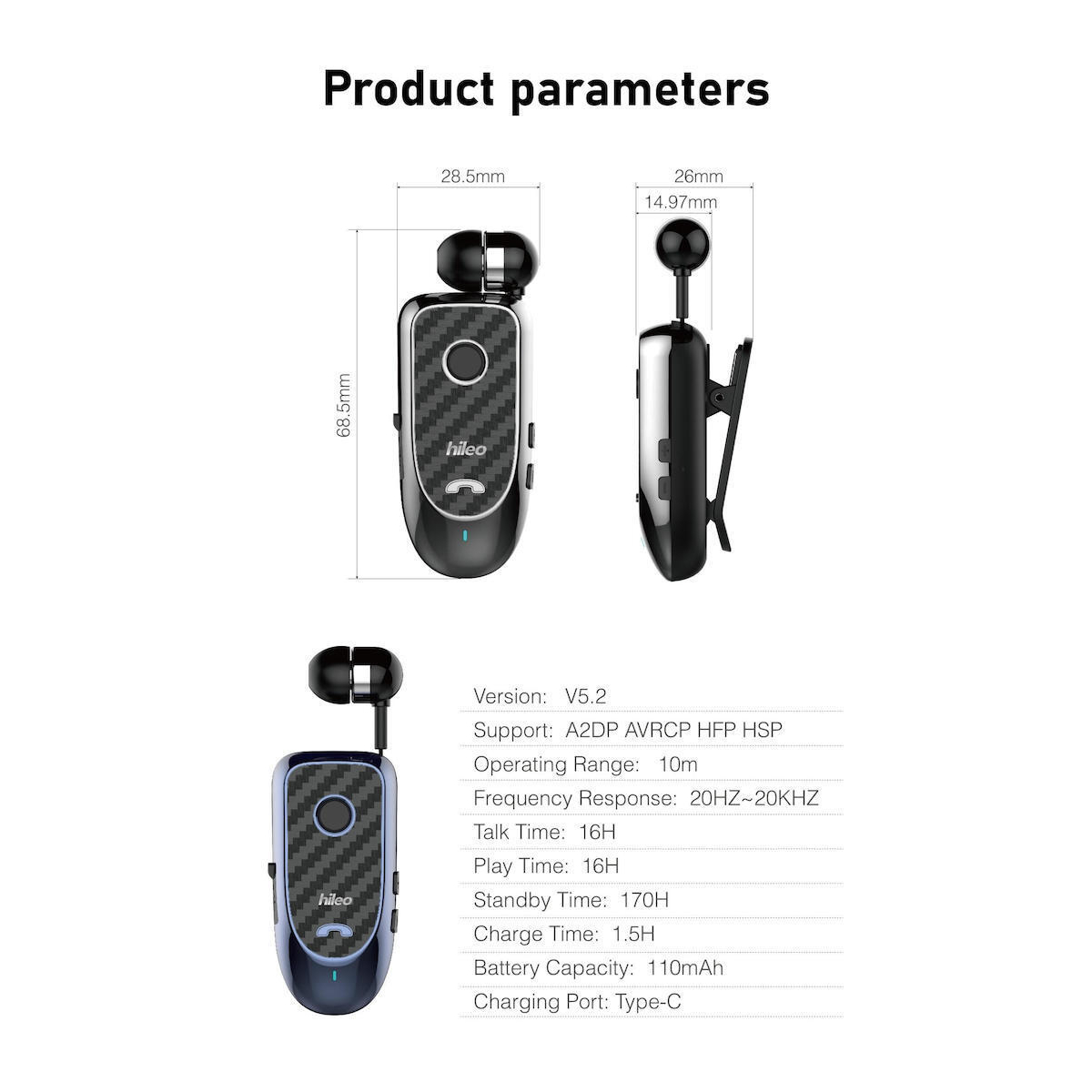 Ασύρματο In-Ear Aκουστικό Bluetooth Headset Clip On Hileo Hi60