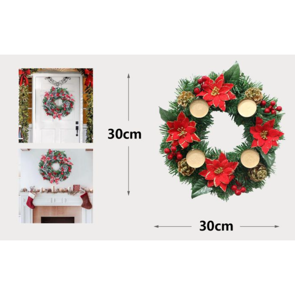 Χριστουγεννιάτικο Στεφάνι Με Κόκκινα Λουλούδια 30cm Kmt Style 298050