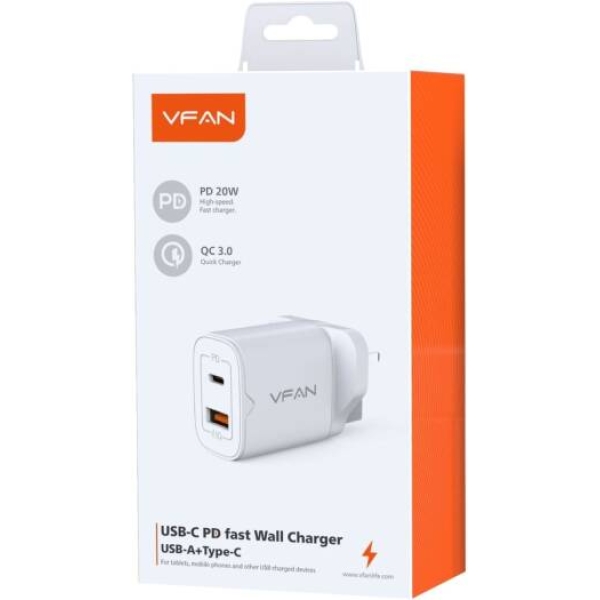 Φορτιστής 20W UK Με USB-A & Type-C Vfan UK03
