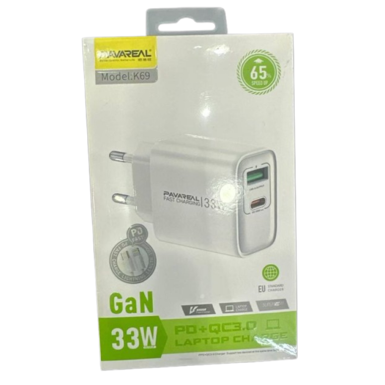Φορτιστής GaN USB-A & Type-C 33W Pavareal K69