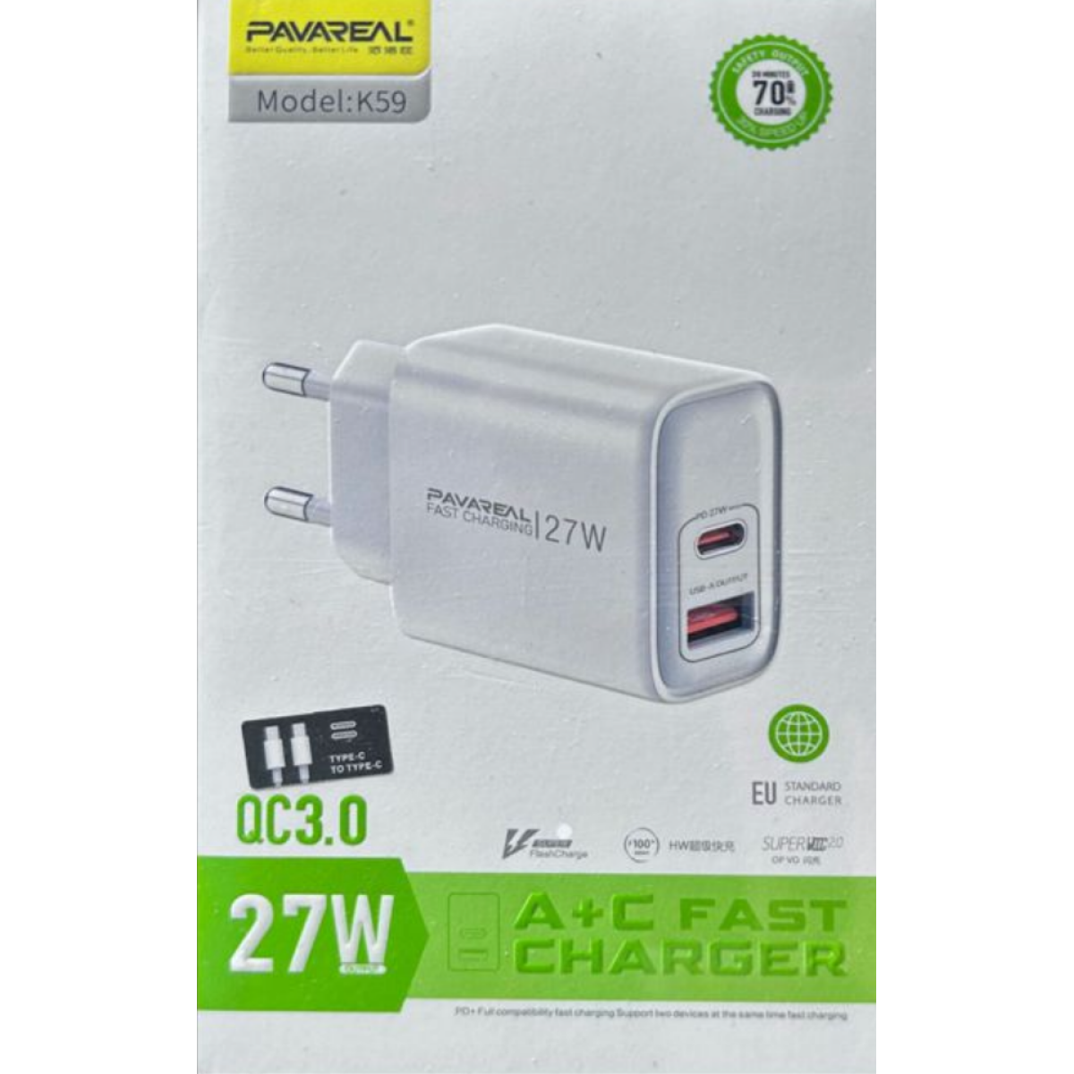 Φορτιστής με Θύρα USB-A & Type-C 27W με Καλώδιο Τype-C Pavareal K59