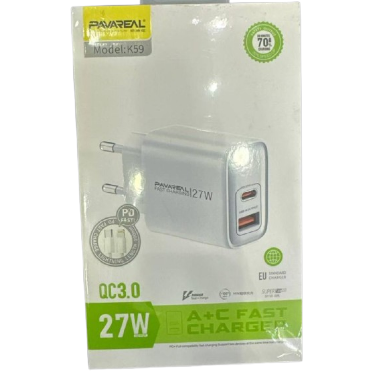 Φορτιστής με Θύρα USB-A & Type-C 27W Pavareal K59