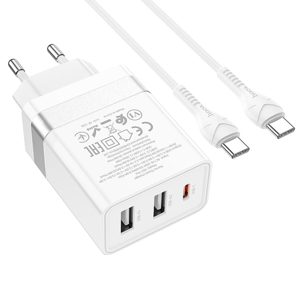 Φορτιστής με Θύρες 1xType-C 30W & 2xUSB 10W Με Καλώδιο Type-C Ηοco N21 Pro Tourer