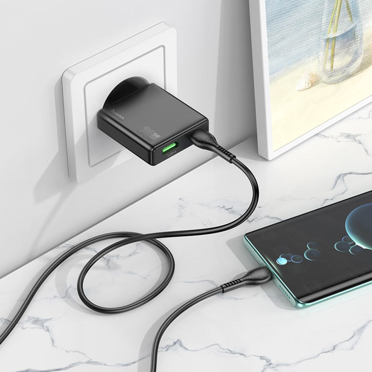 Φορτιστής PD20W Με Θύρες Type-C & USB-A Και Καλώδιο Type-C σε Type-C Hoco N38 Delgado