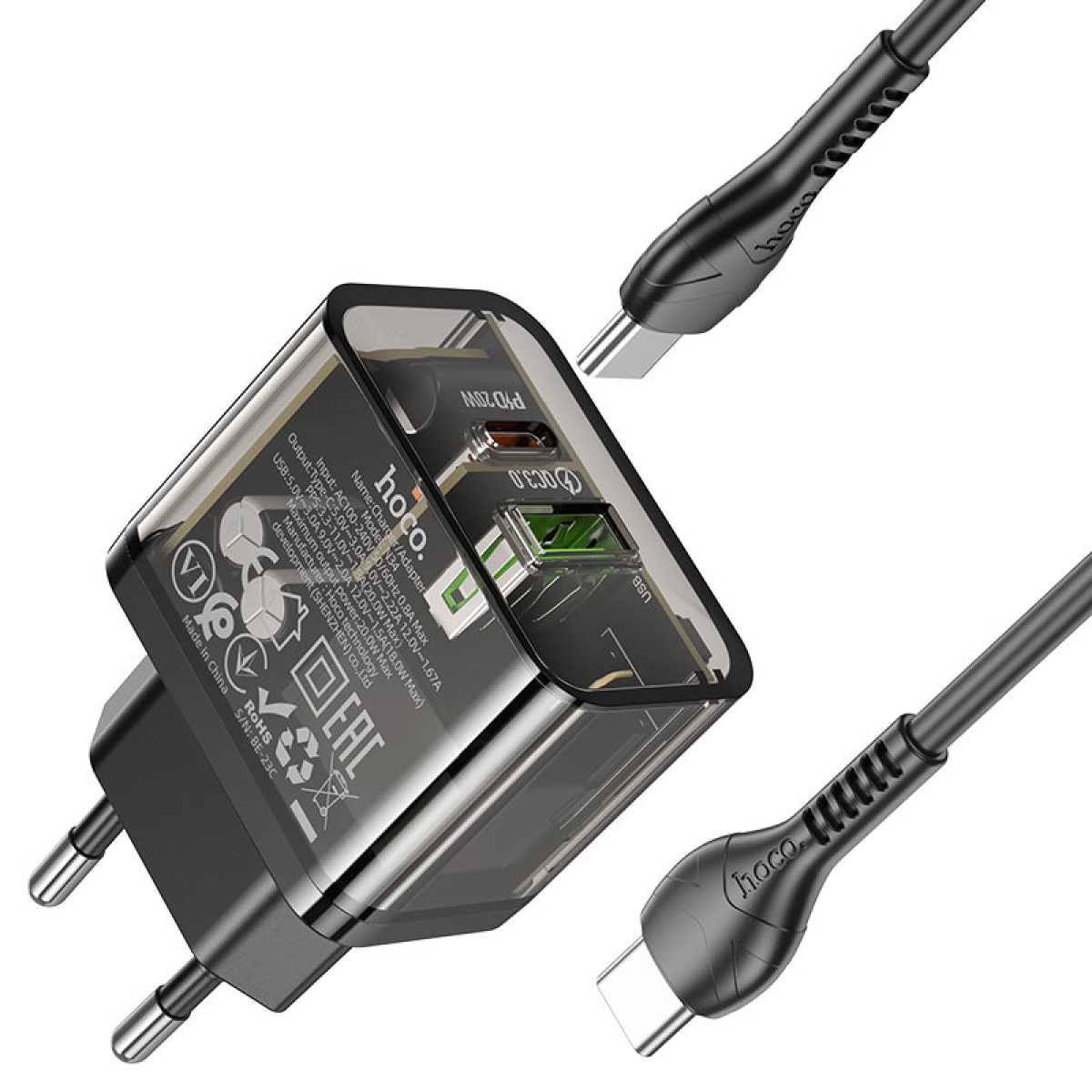 Φορτιστής PD20W Με Θύρες Type-C & USB-A & Καλώδιο Type-C σε Type-C Hoco N34 Dazzling