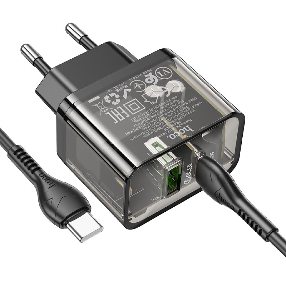 Φορτιστής PD20W Με Θύρες Type-C & USB-A & Καλώδιο Type-C σε Type-C Hoco N34 Dazzling