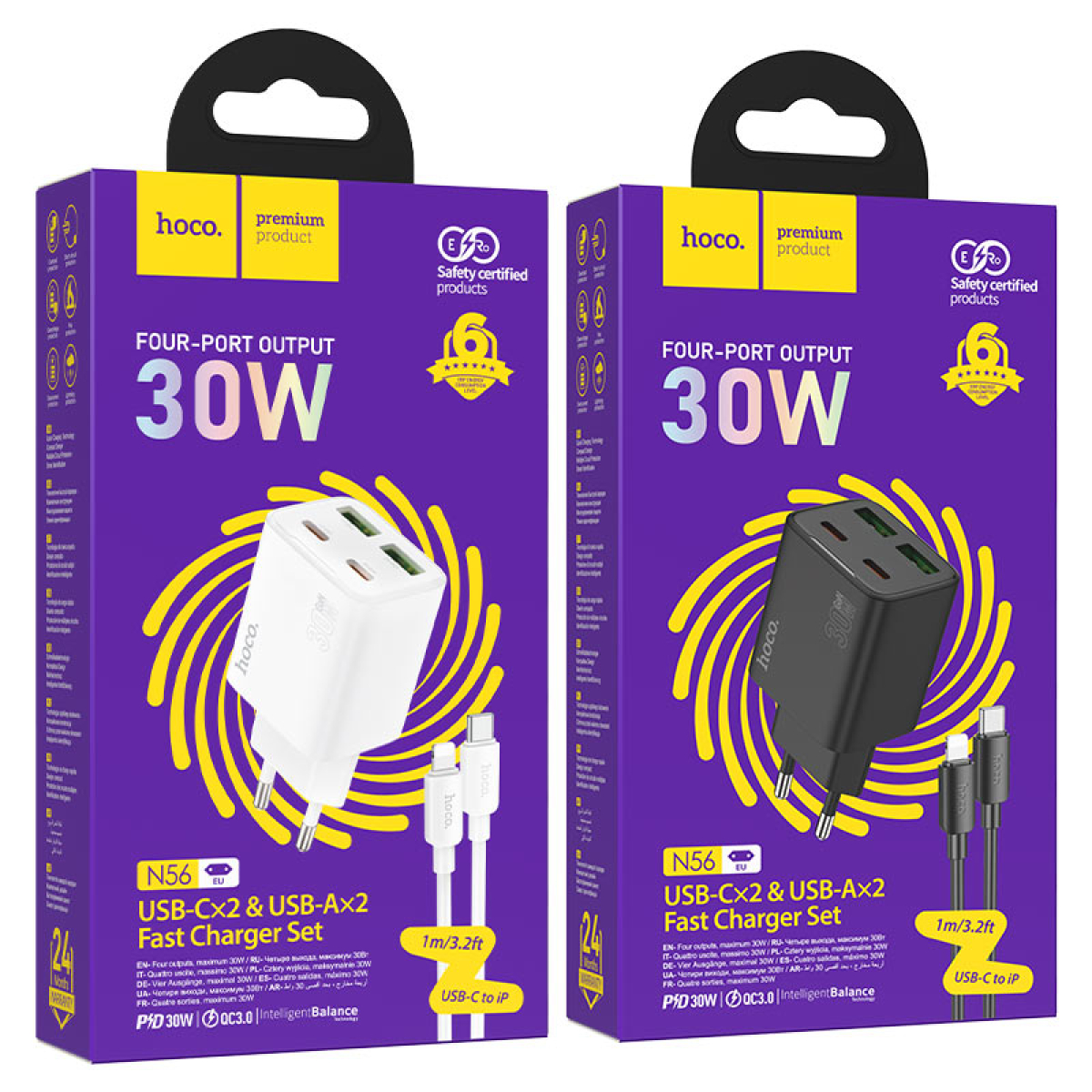 Φορτιστής PD30W Με 2 Θύρες Type-C & 2 Θύρες USB-A Και Καλώδιο Type-C σε Lightning Hoco N56 Fundador