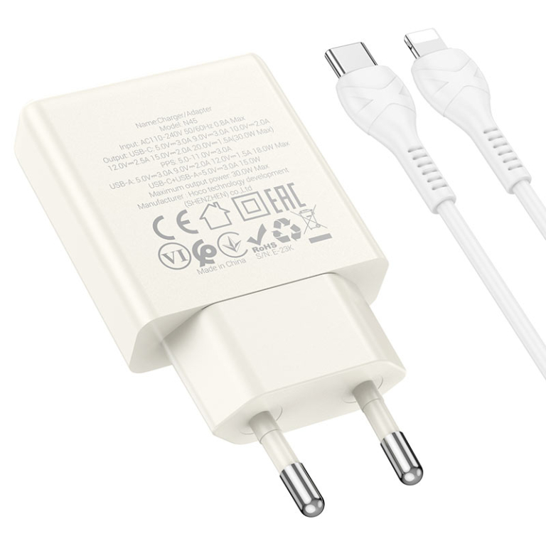 Φορτιστής PD30W Με Θύρες Type-C & USB-A Και Καλώδιο Type-C σε Lightning Hoco N45 Biscuit