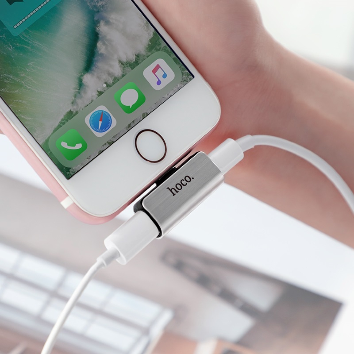 Hoco LS24 Dual Lightning Adapter – Αντάπτορας Ήχου & Φόρτισης για iPhone - Ασημί