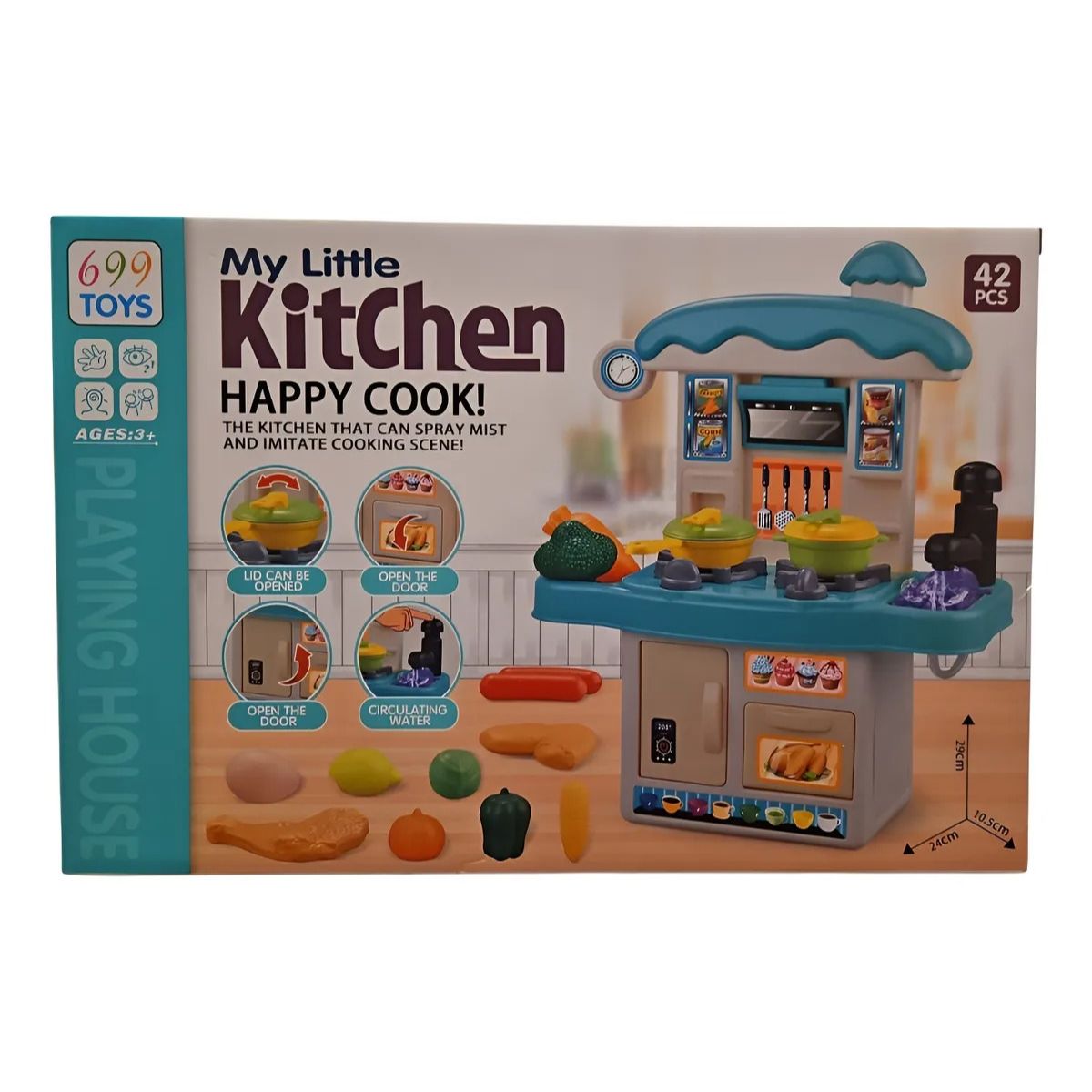 Παιδική Κουζίνα My Little Kitchen Happy Cook – 42 Τεμάχια, Ρεαλιστικά Αξεσουάρ, Κυκλοφορία Νερού, 29X24X10.5Cm