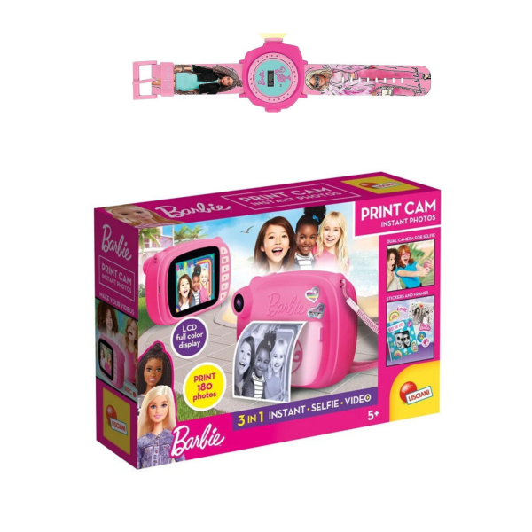 Σετ Barbie Ρολόι Lexibook Ψηφιακής Προβολής με 20 Εικόνες + Instant Φωτογραφική Μηχανή Lisciani Print Camera