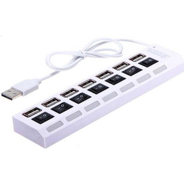 USB 2.0 Hub 7 Θυρών με Σύνδεση USB-A – Λευκό, Ταχύτητα 480Mbps, Μεμονωμένοι Διακόπτες On/Off