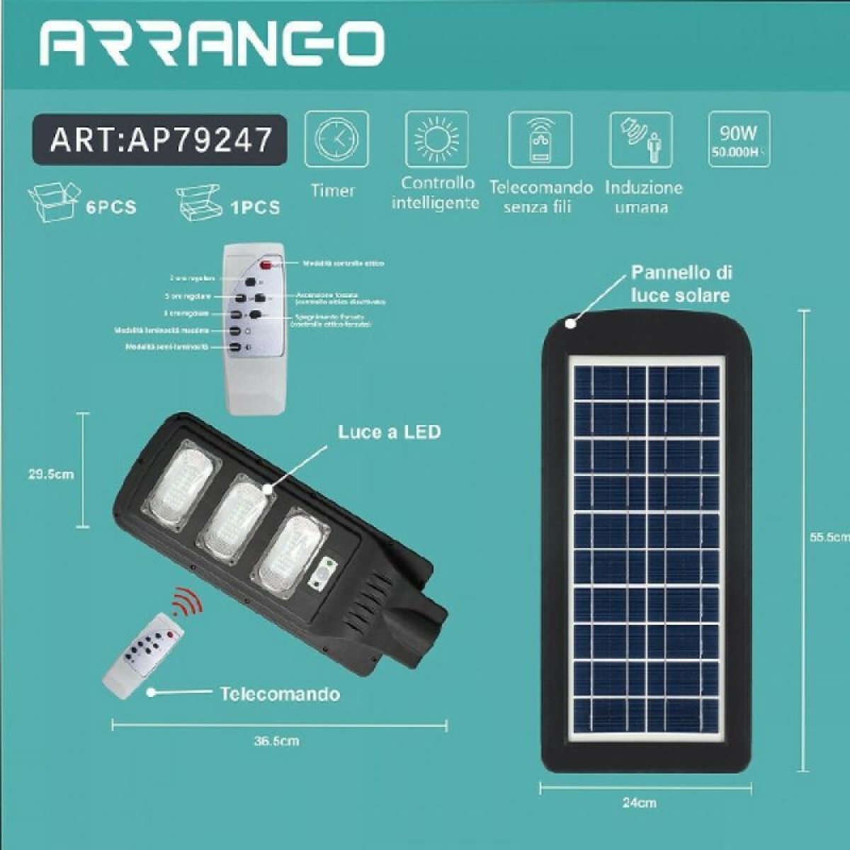 Ηλιακό Φωτιστικό Δρόμου 90W Με Τηλεχειριστήριο Arrango AP79247