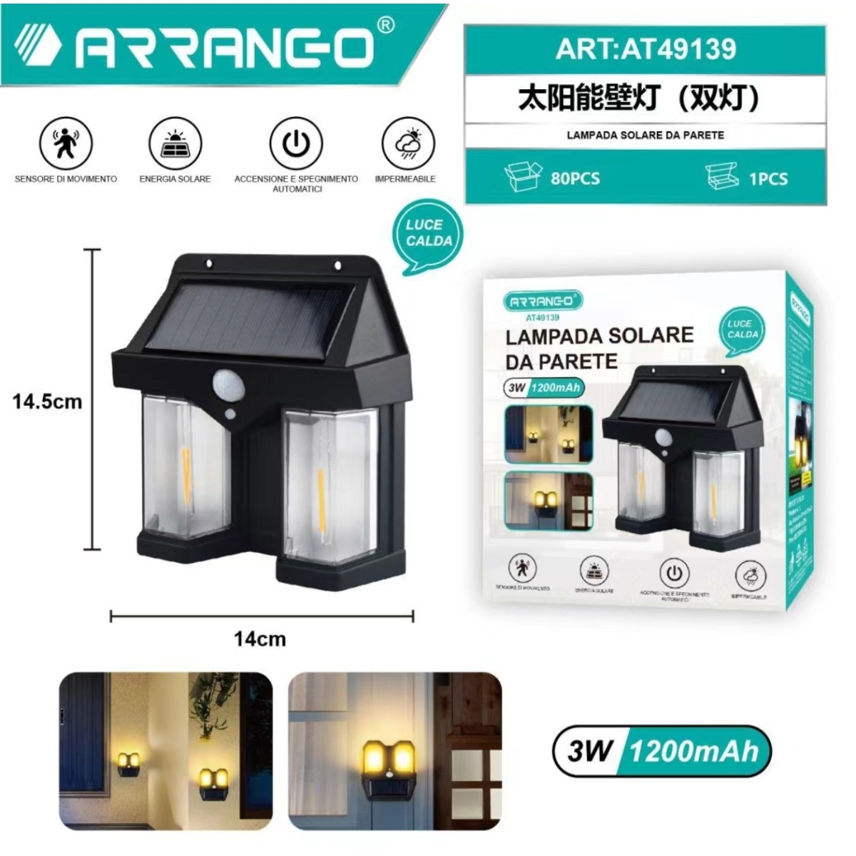 Ηλιακό Φωτιστικό Τοίχου 3W Μαύρο Arrango AT49139