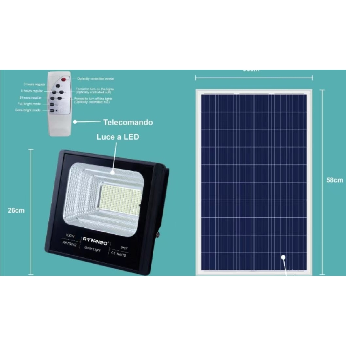 Ηλιακός Προβολέας LED 100W Με Πάνελ Arrango AP79242