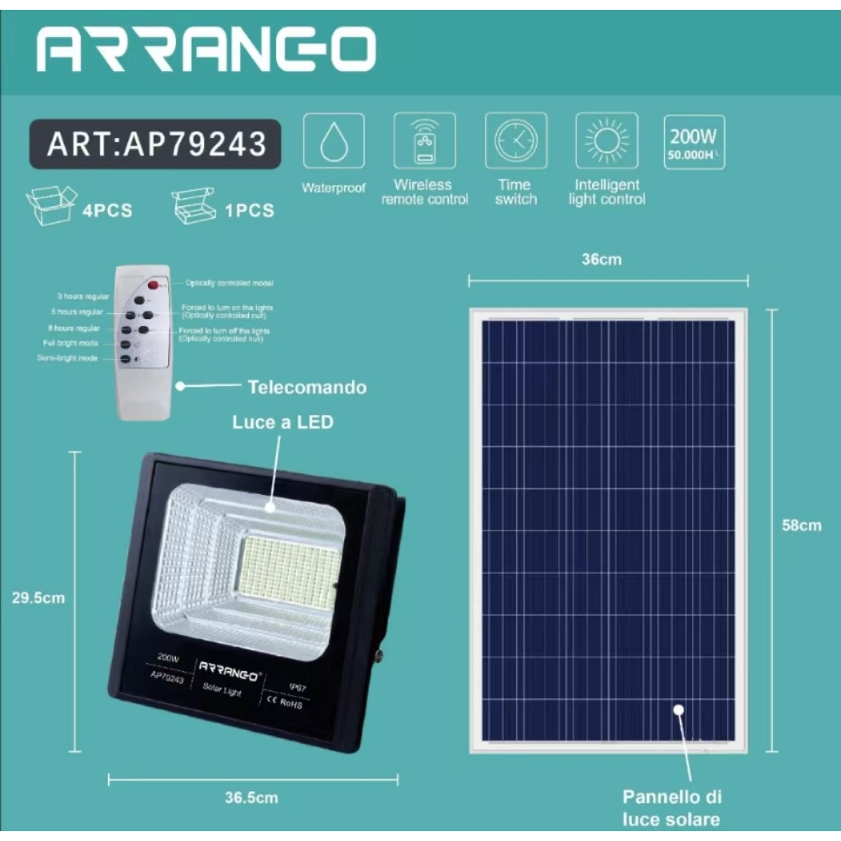 Ηλιακός Προβολέας LED 200W Με Πάνελ Arrango AP79243