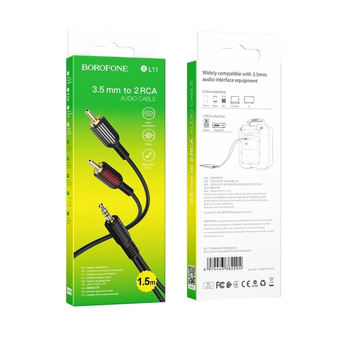 Καλώδιο Ήχου AUX 3.5mm Σε Διπλό RCA 1.5m Borofone BL11