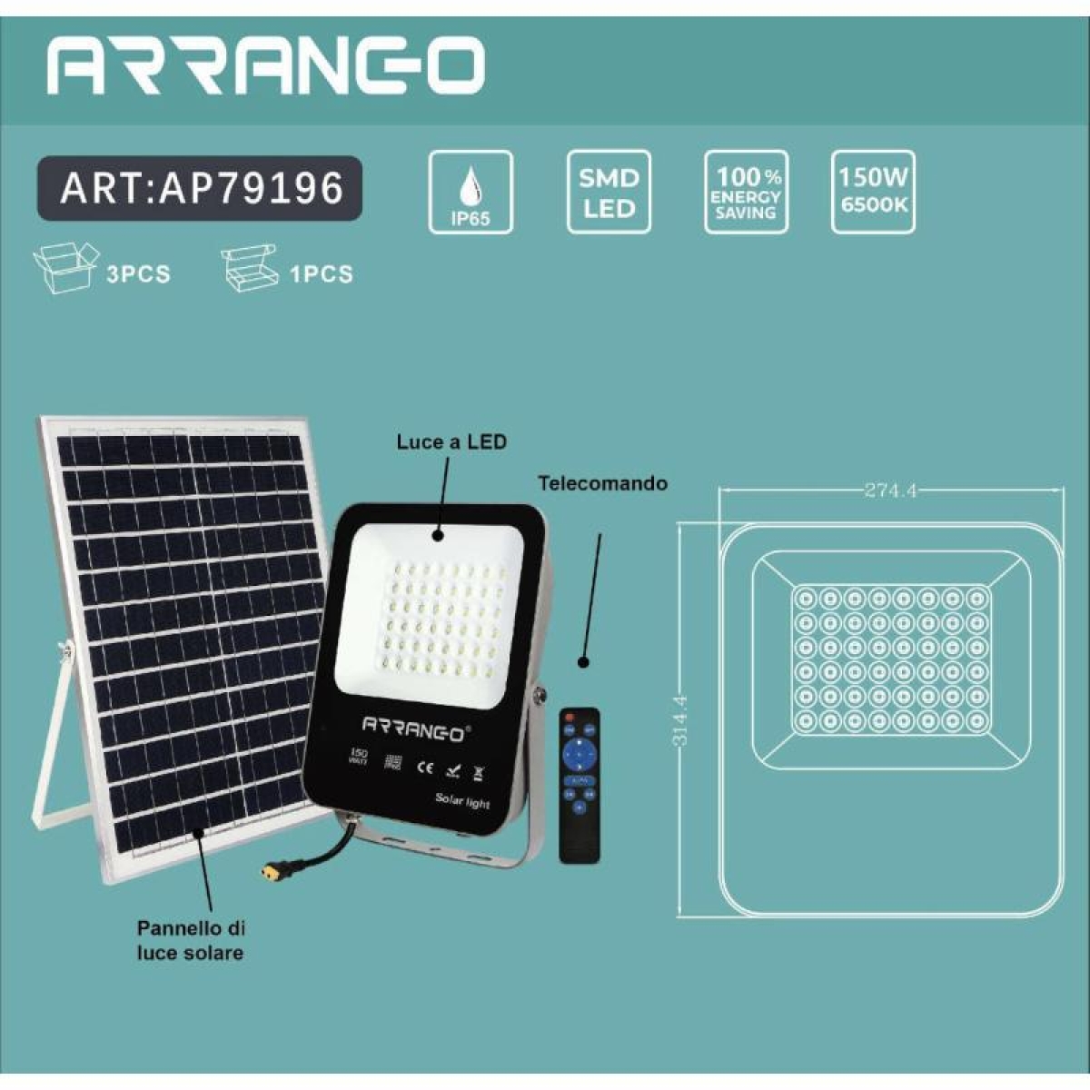 Στεγανό Ηλιακό Φωτιστικό Δρόμου 150W IP65 με Ανιχνευτή Κίνησης Arrango AP79196