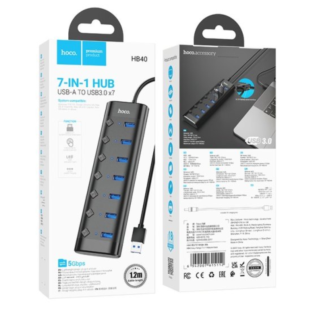 USB 3.0 Hub 7 Θυρών με Σύνδεση USB-A Hoco HB40 Μαύρο
