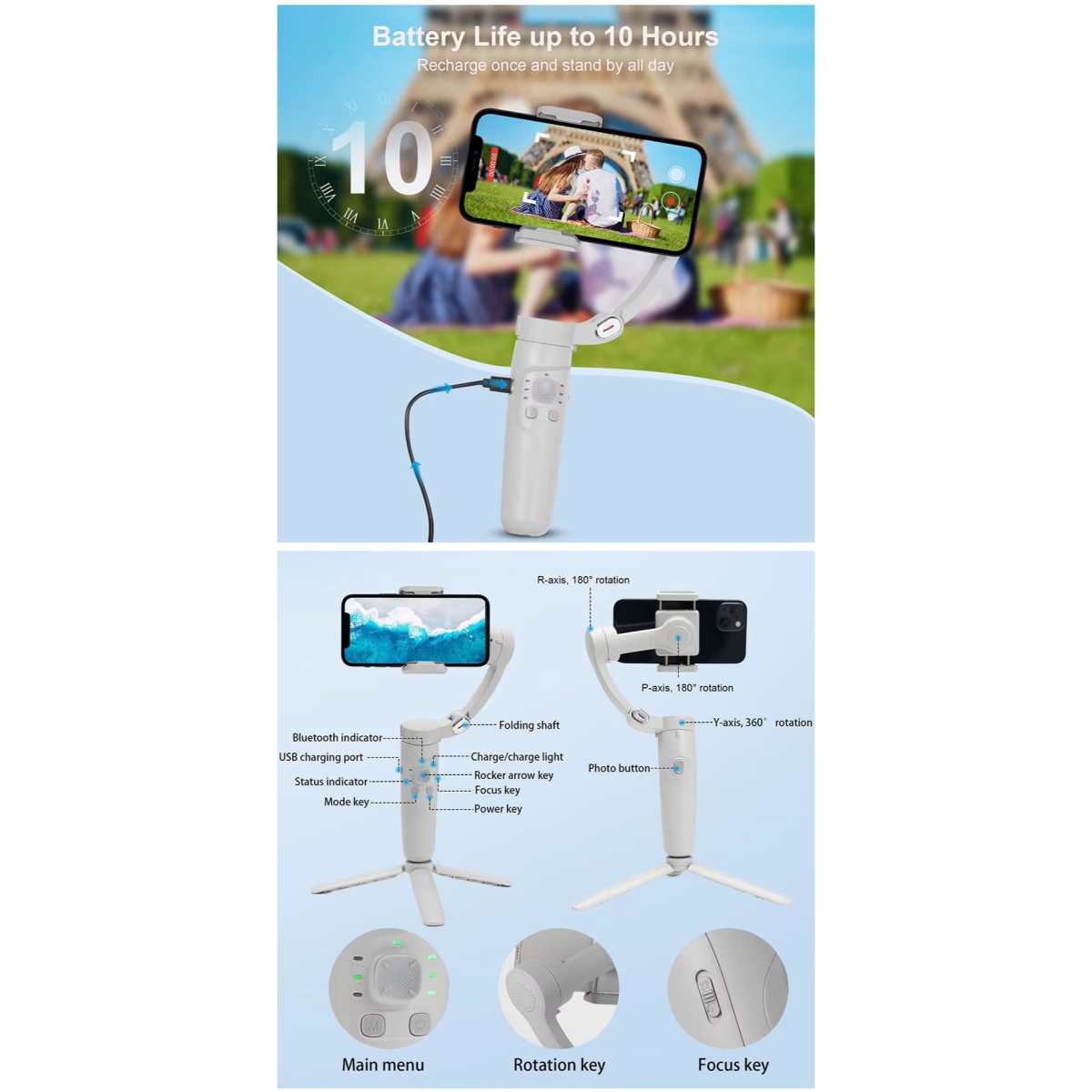 M1 3-Axis Gimbal Stabilizer με Τρίποδο – Selfie Stick με Face Tracking & Gesture Control
