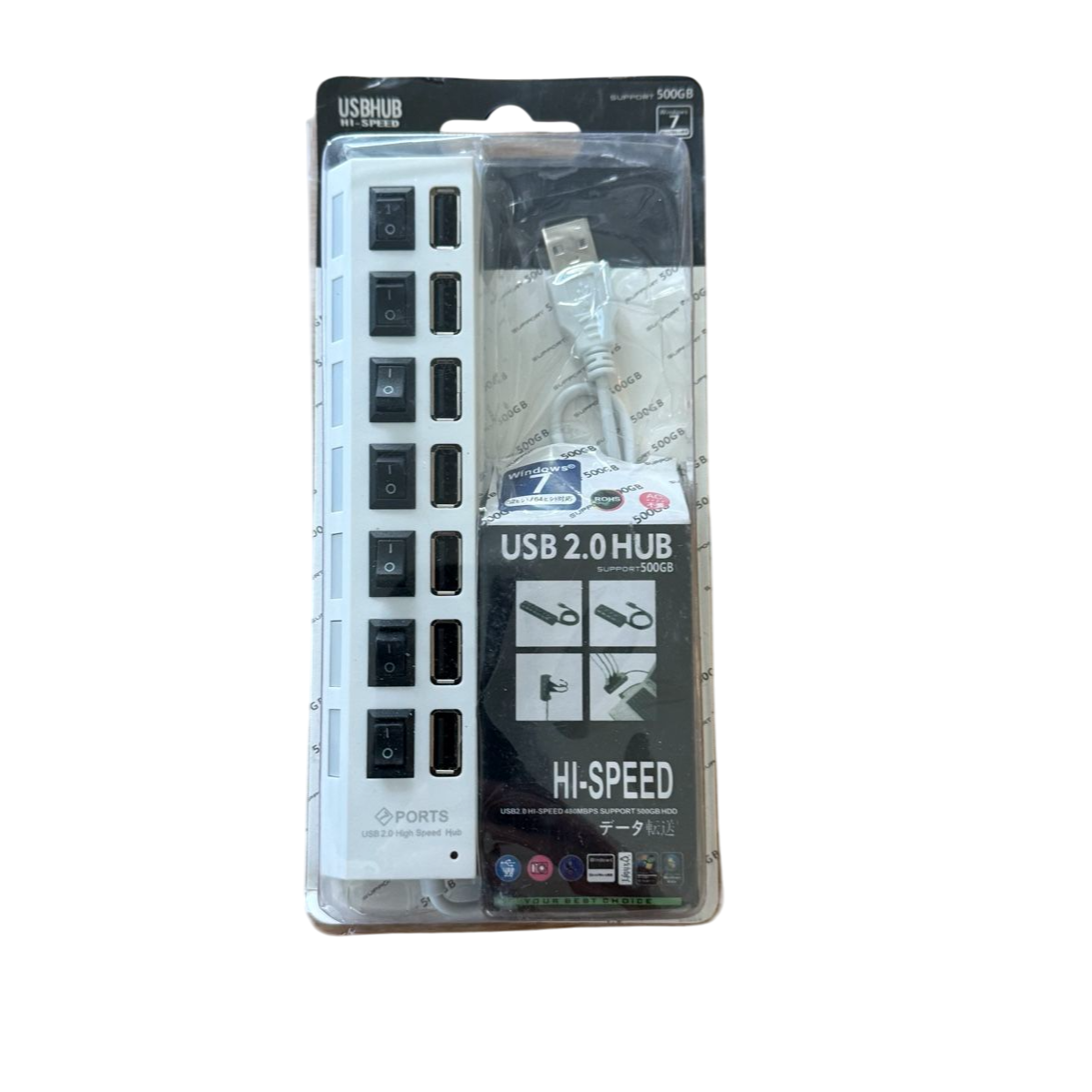 USB 2.0 Hub 7 Θυρών με Σύνδεση USB-A – Λευκό, Ταχύτητα 480Mbps, Μεμονωμένοι Διακόπτες On/Off