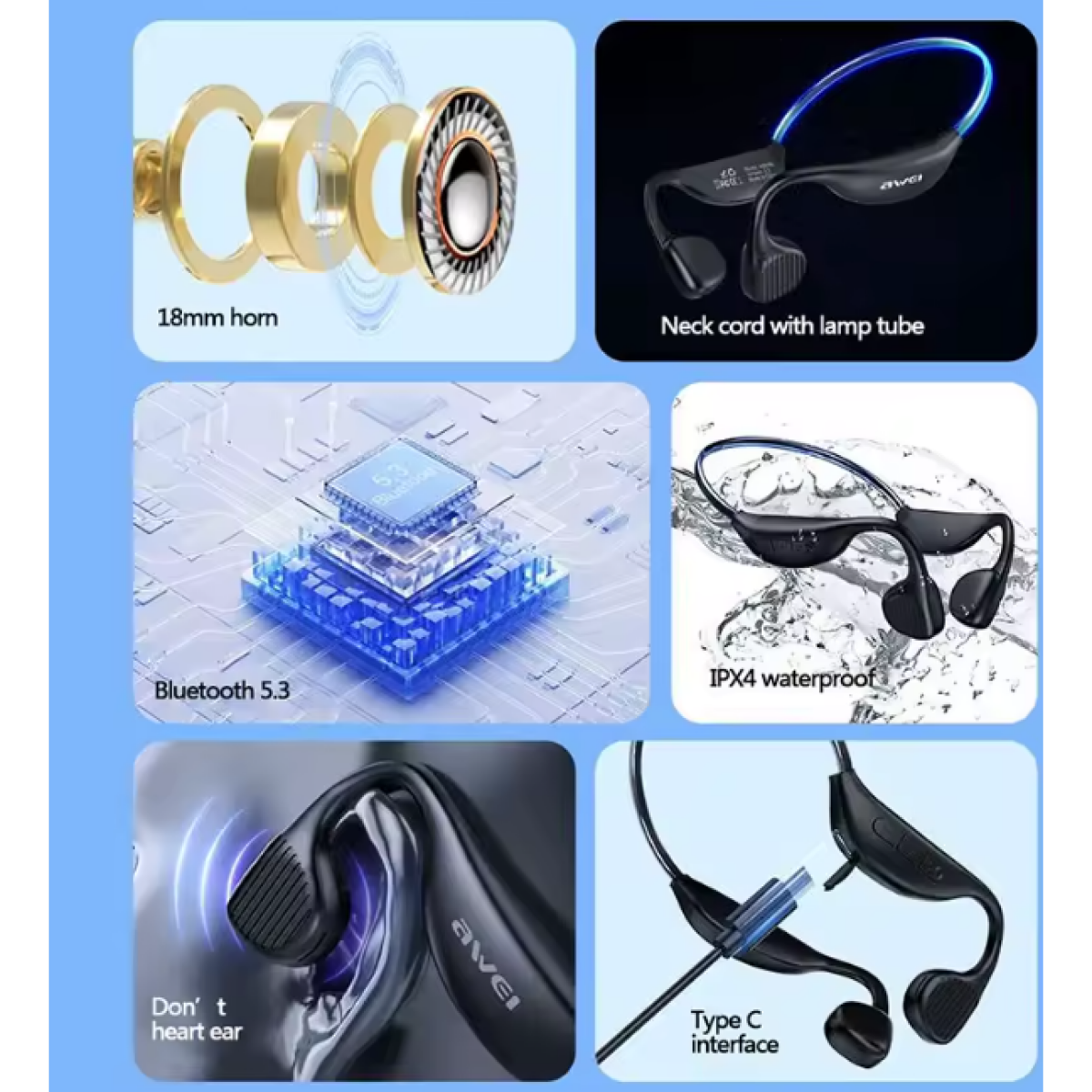 Awei A895BL Open Ear Wireless Headphones Bluetooth 5.3 με Night Running Light – Ασύρματα Ακουστικά Air Conduction για Σπορ