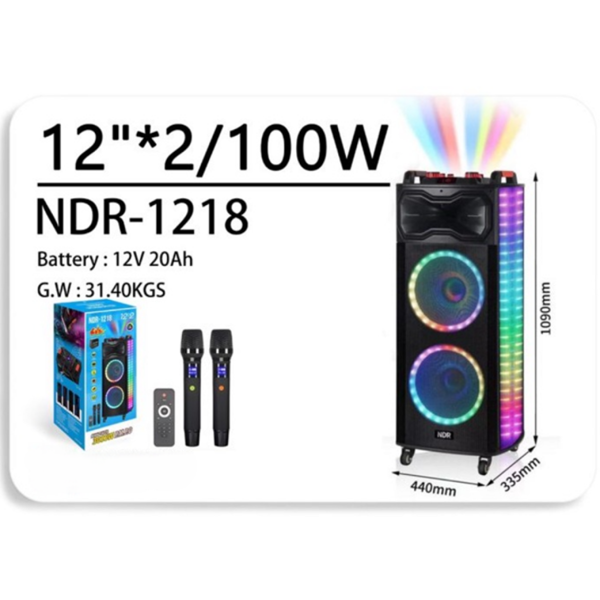 NDR-1218 Φορητό Ηχείο Bluetooth 2x12" 100W με RGB LED, 2 Μικρόφωνα & Τηλεχειριστήριο