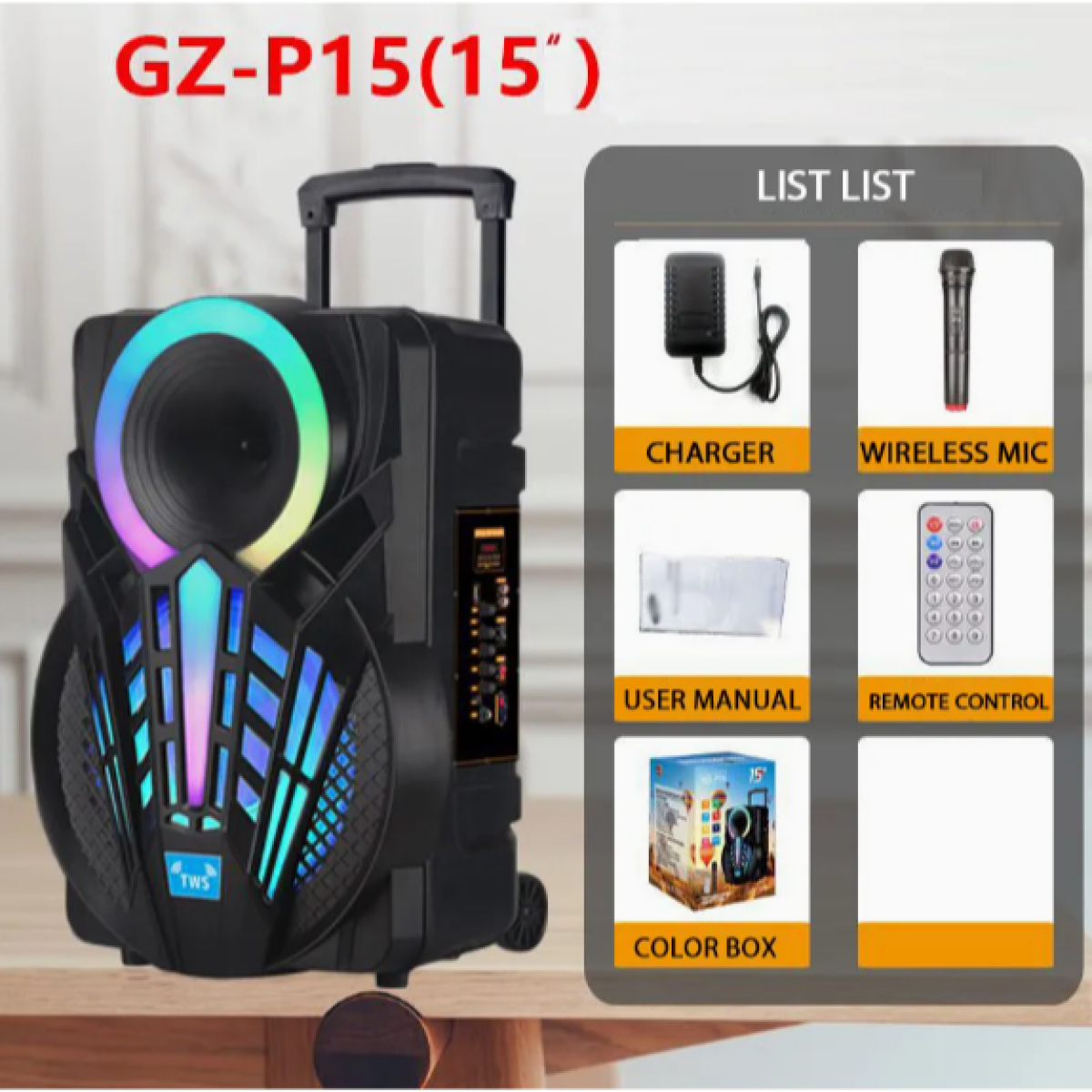Ηχείο Bluetooth NDR-P15 15" 60W με LED Display, RGB Φωτισμό, Μικρόφωνο & Τηλεχειριστήριο