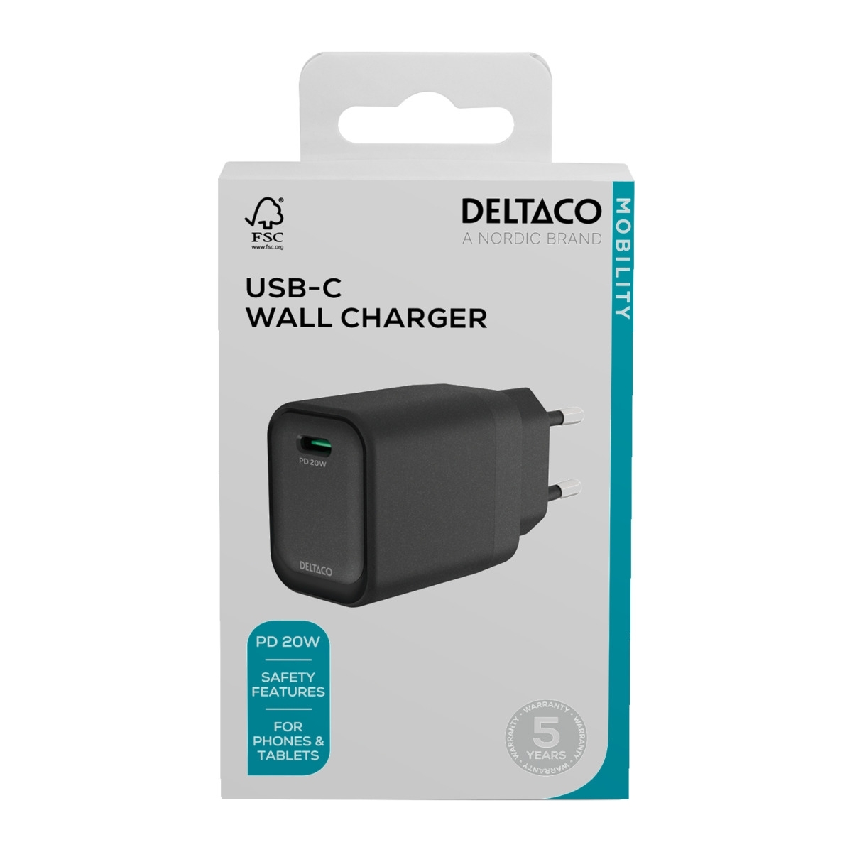 Deltaco Φορτιστής Τοίχου, 1x USB-C PD 20W Μαύρος USBC-AC151 - Image 3