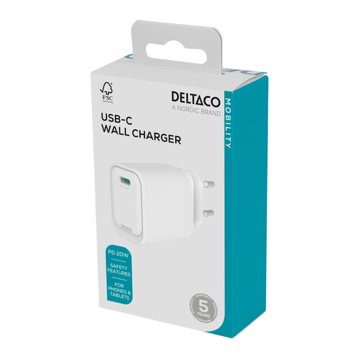 Deltaco Φορτιστής Τοίχου, 1x USB-C PD 20W Λευκός USBC-AC152 - Image 3