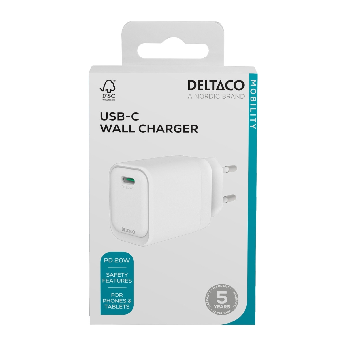 Deltaco Φορτιστής Τοίχου, 1x USB-C PD 20W Λευκός USBC-AC152 - Image 4
