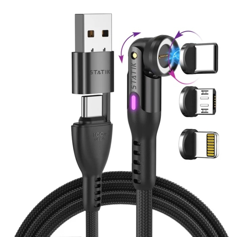 STATIK Καλώδιο Φόρτισης USB-A/Type C σε Type C Περιστρεφόμενη Type C/Lightning/Micro-USB 1m Μαύρο PUP-0520-3FT