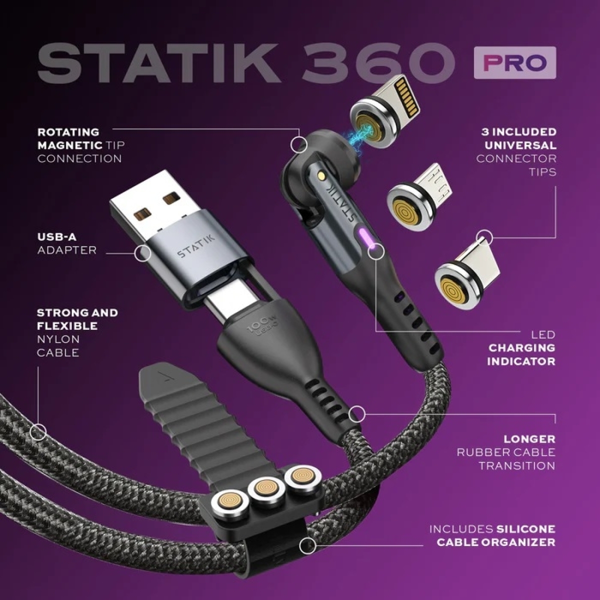 STATIK Καλώδιο Φόρτισης USB-A/Type C σε Type C Περιστρεφόμενη Type C/Lightning/Micro-USB 1m Μαύρο PUP-0520-3FT - Image 2